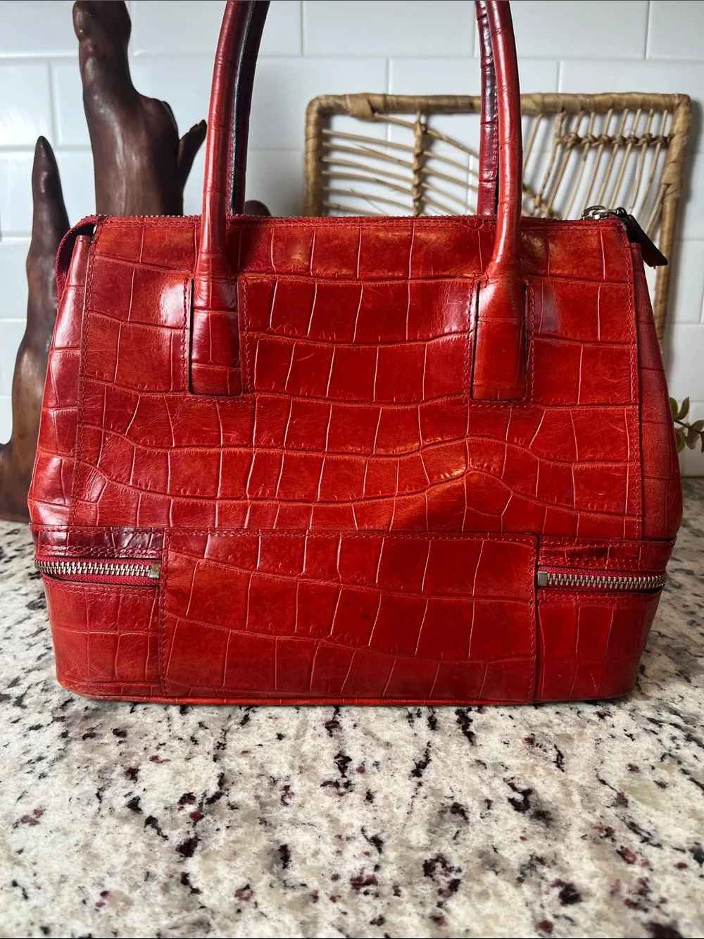 Pelle Studio Red Croc-Embossed Satchel with Zip Compartment